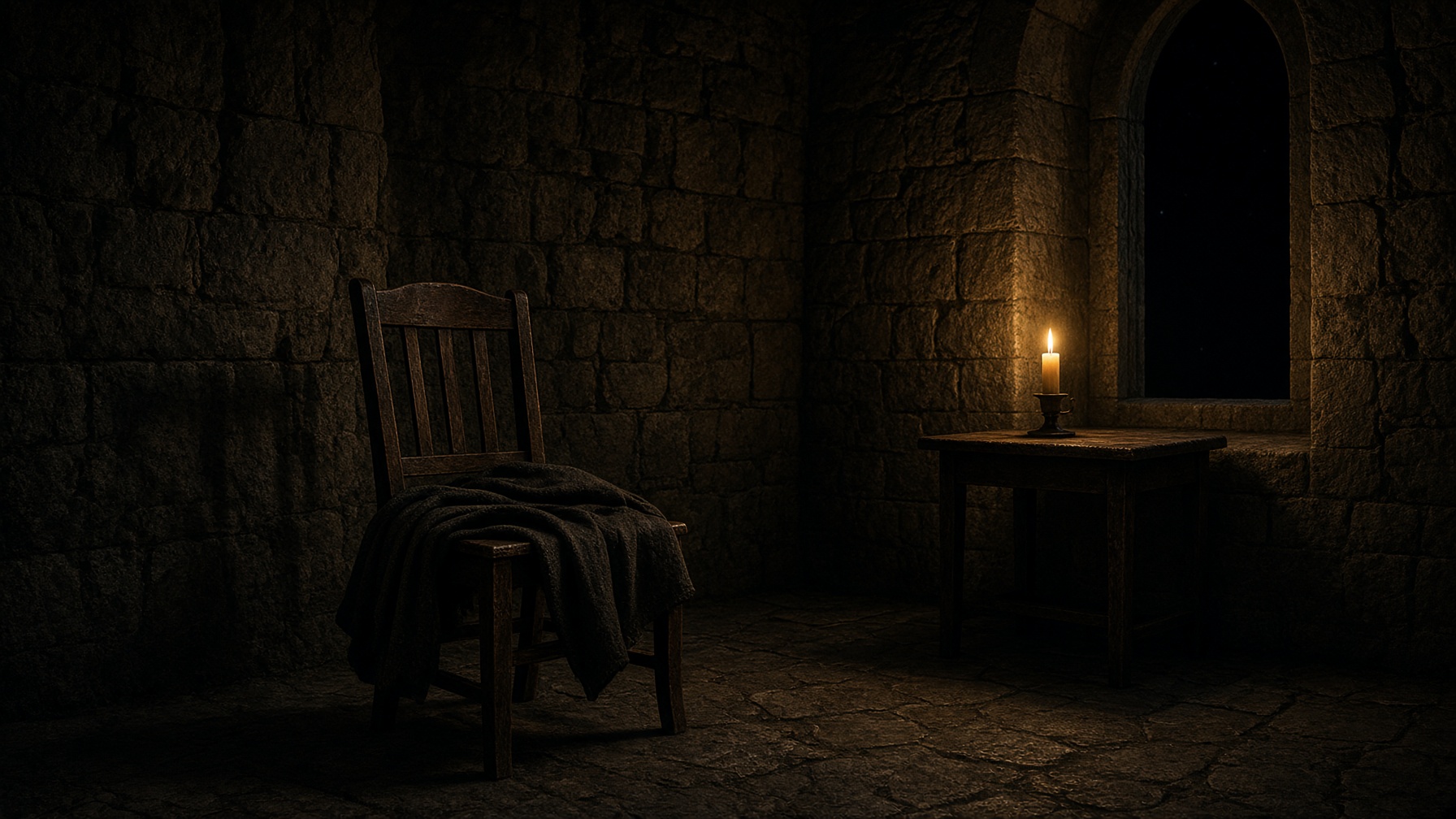 An empty chair, a folded cloak, a candle, a night window.