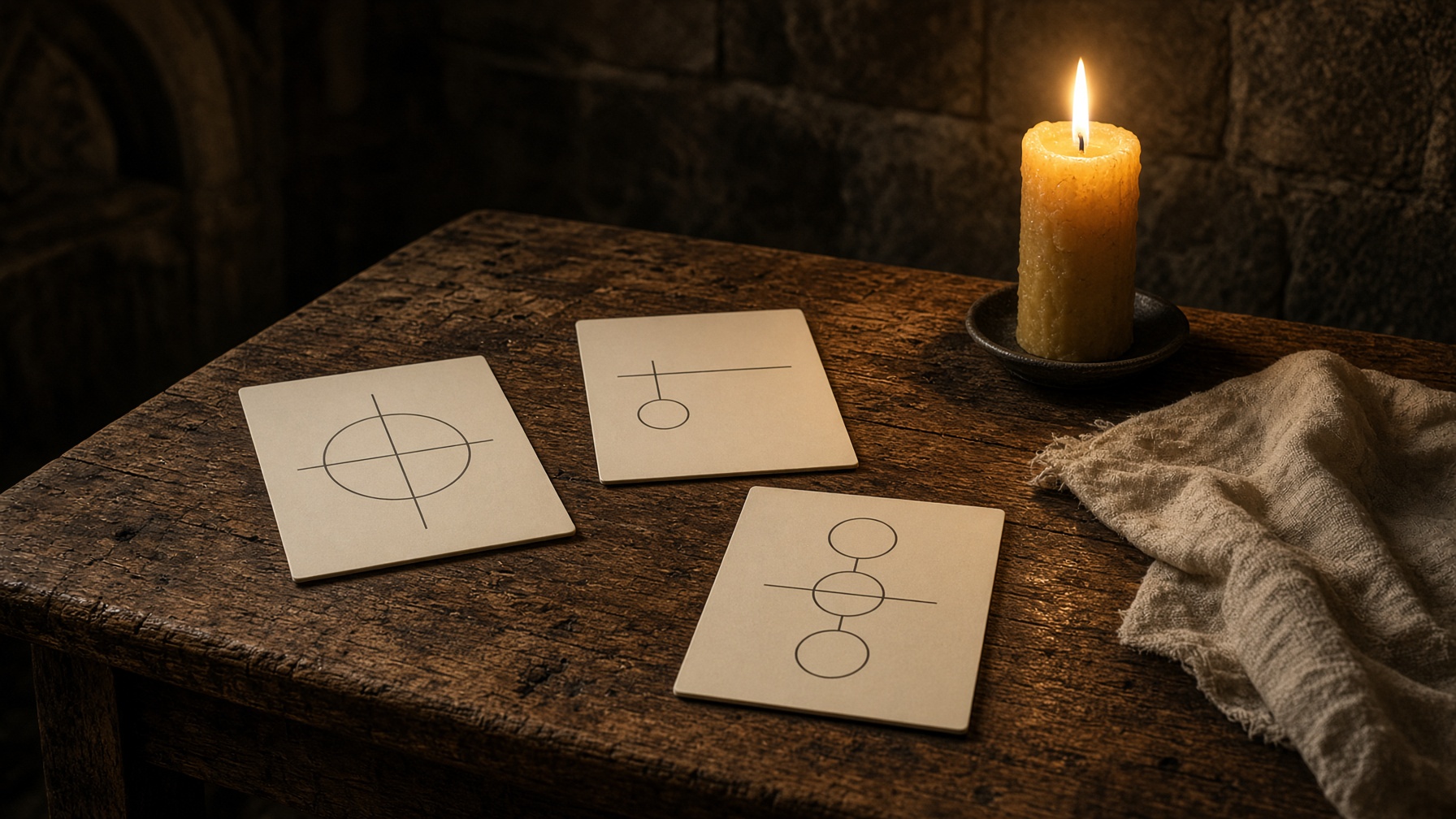 A wooden table in candlelight with a few unmarked geometric cards.