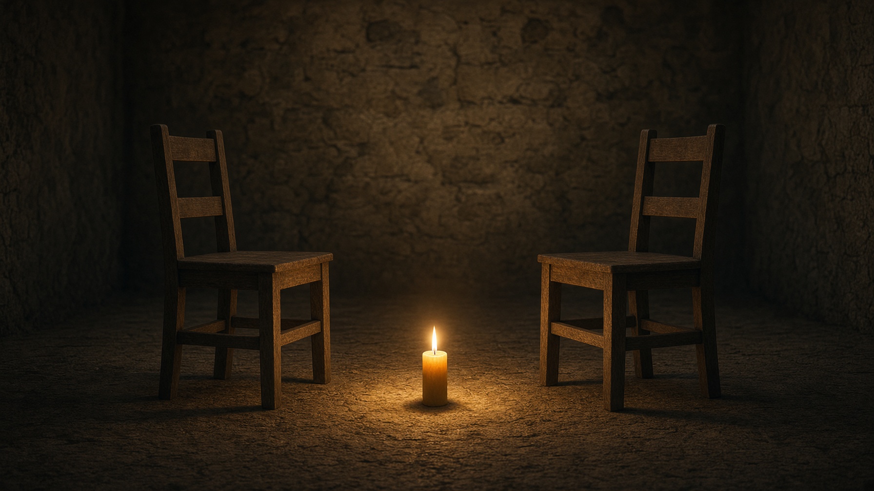 Two empty wooden chairs facing each other in a dim stone room, a candle lighting only the space between them.