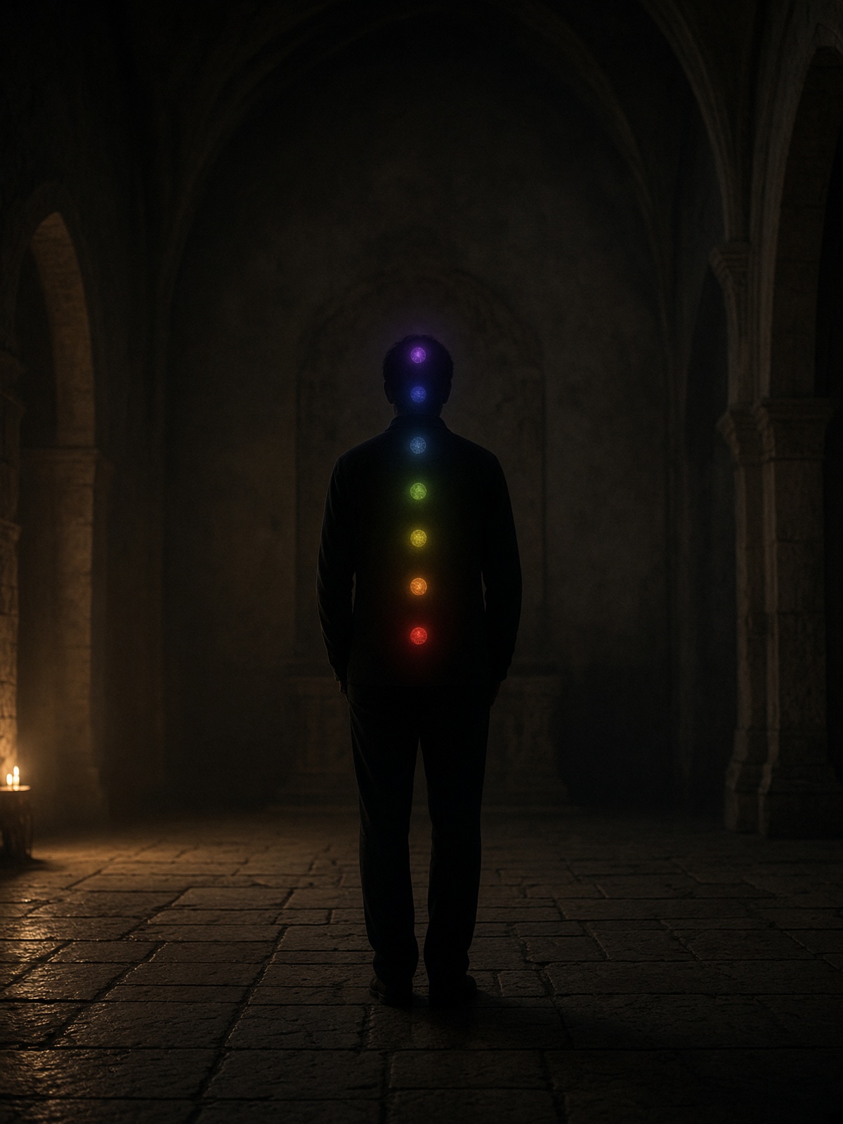 A figure seen from behind in a dim chapel, seven small points of colored light along the spine.