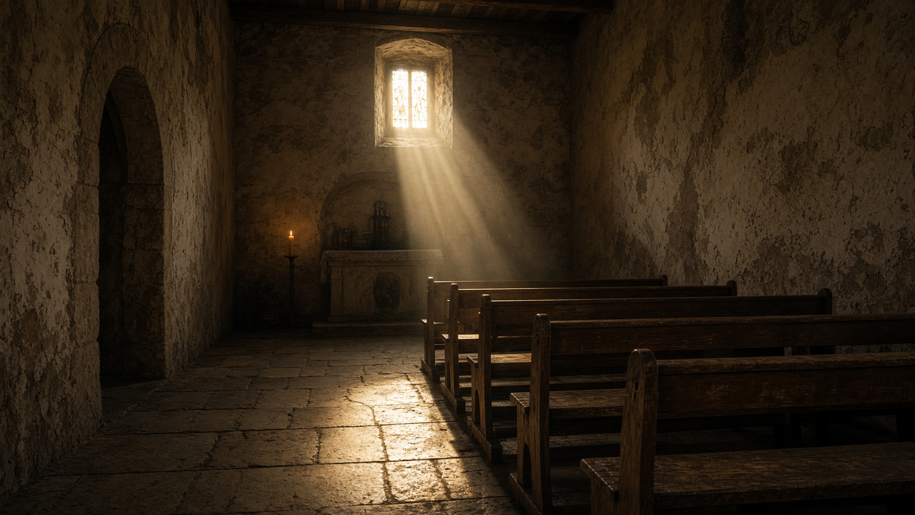 Empty chapel at dawn, one candle, a shaft of morning light on the floor.