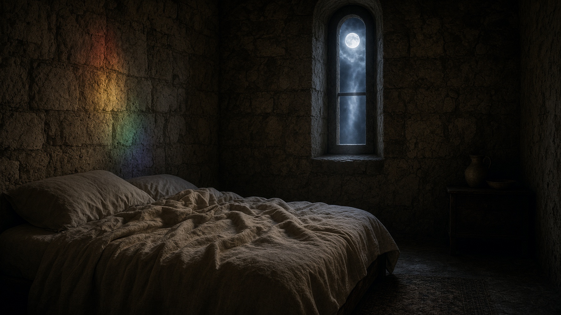 A rumpled bed in a dark stone room, moonlight, a faint wash of color on the wall.