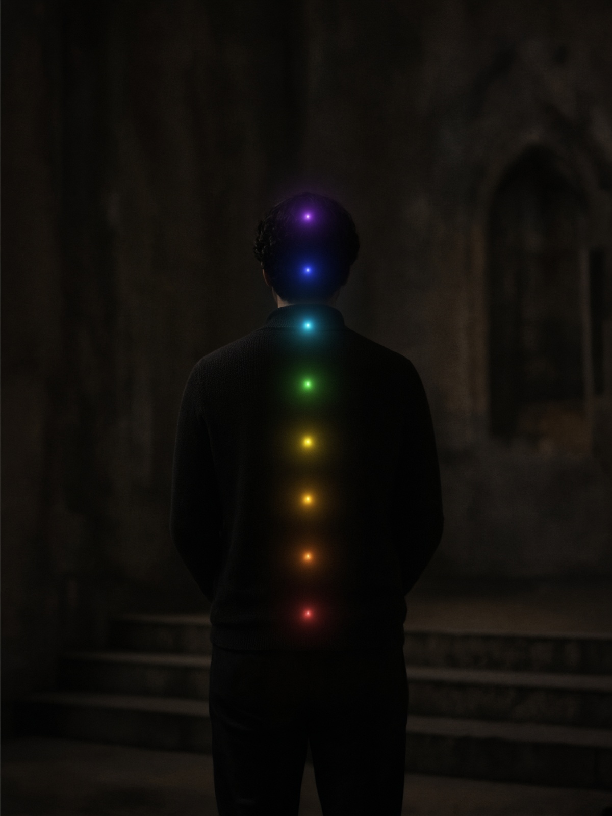 A person standing in a chapel, seven small points of colored light along the spine.