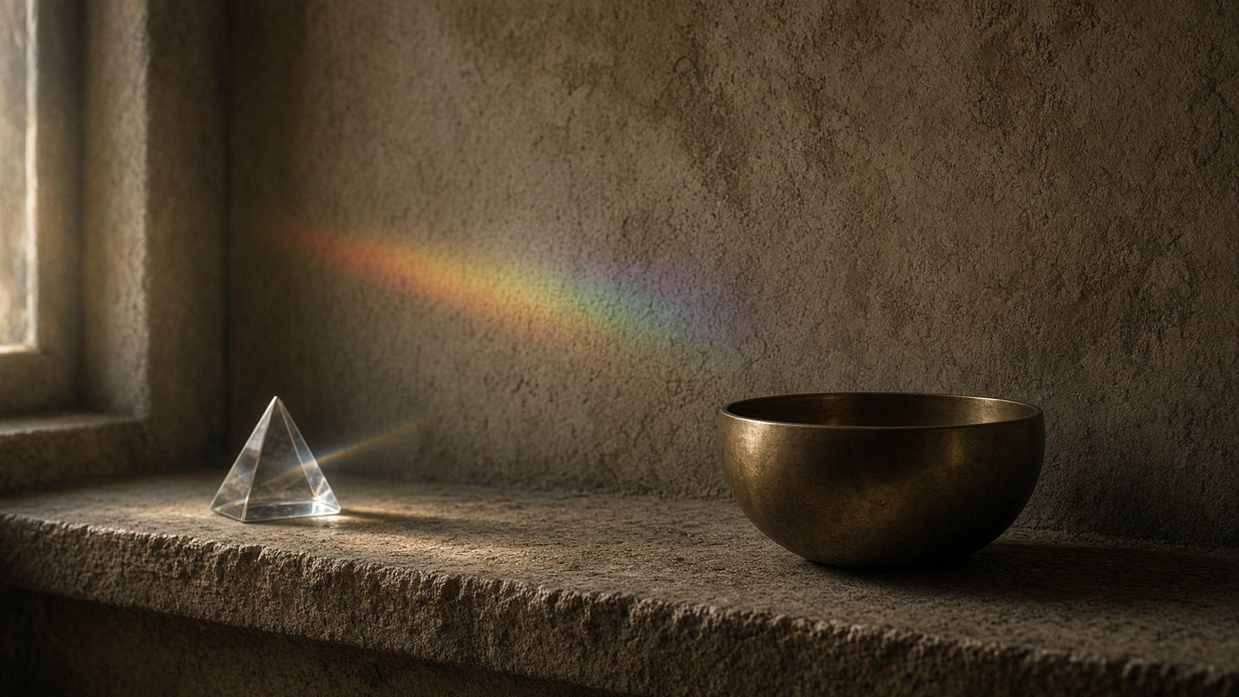 A crystal prism on a chapel windowsill throwing a faint muted rainbow onto plaster, a quiet singing bowl beside it.