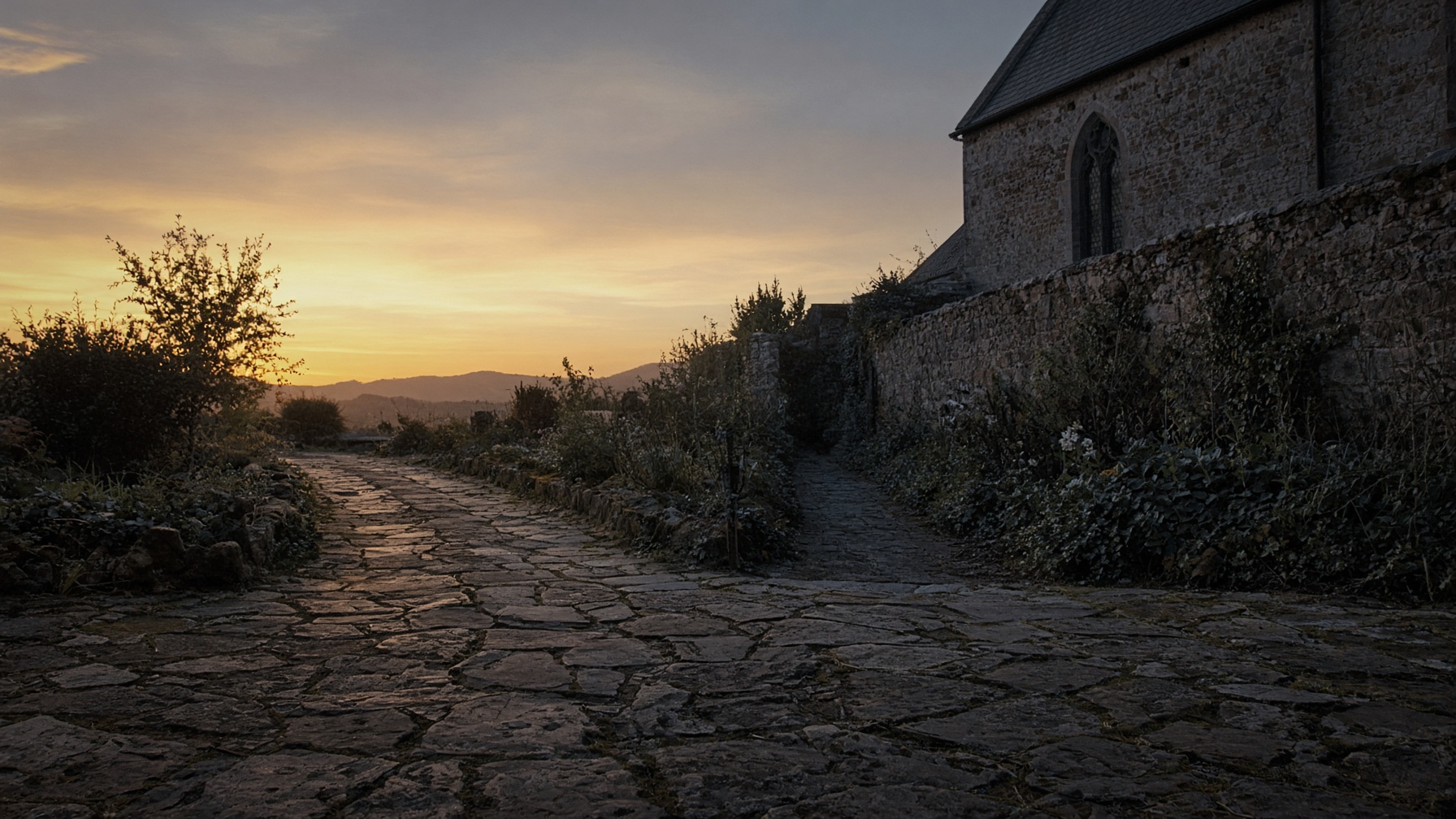 A stone path that splits: one way into warm open light, the other into a cold narrow passage.