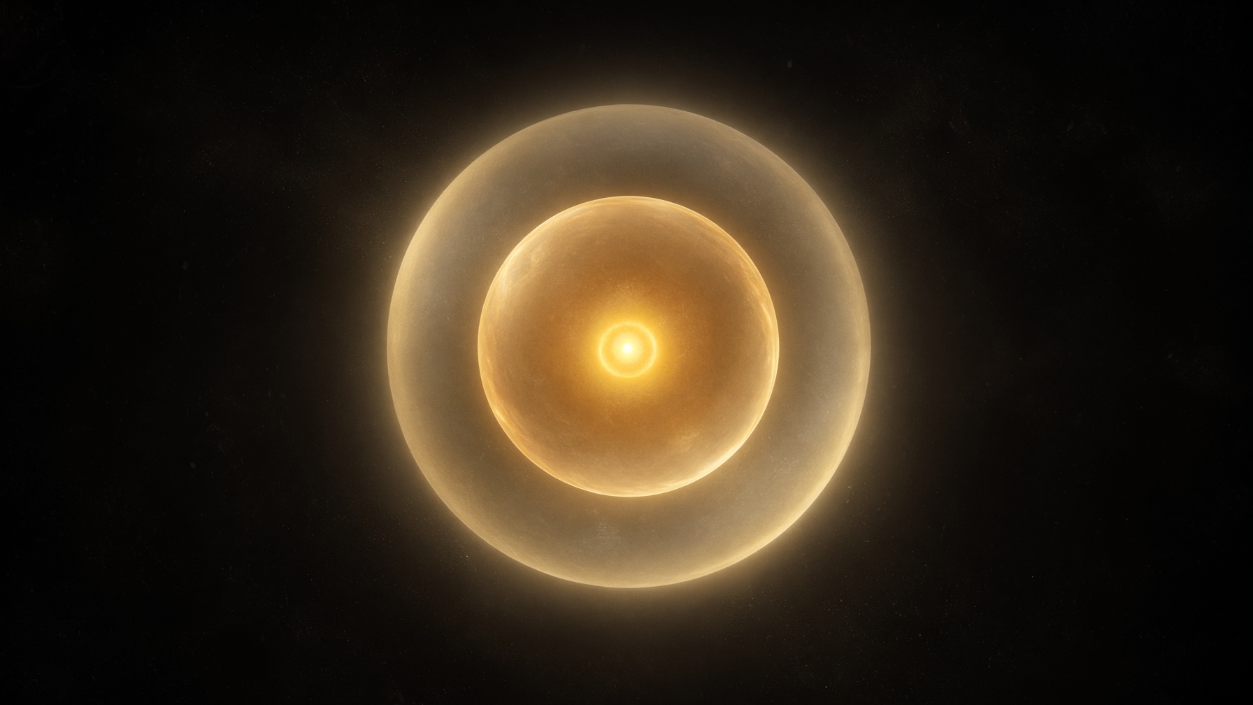 Nested spheres of warm light in dark space.