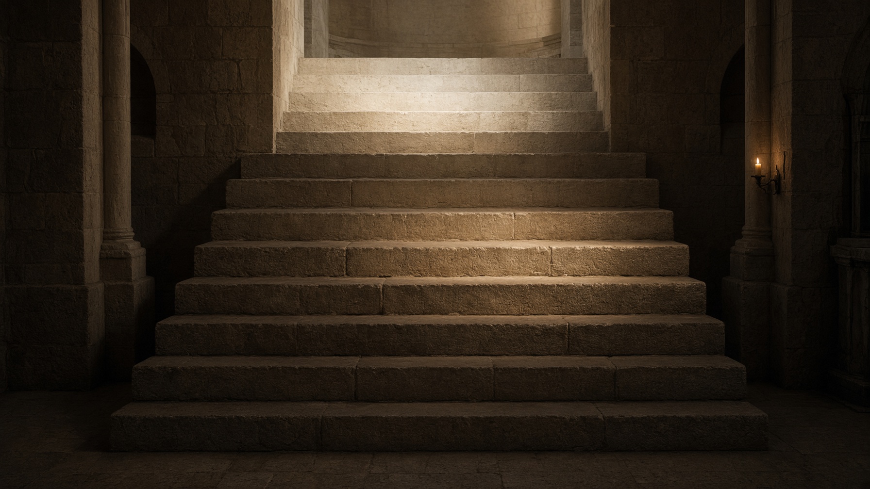 A stone stairway rising through a dark chapel into brighter light.