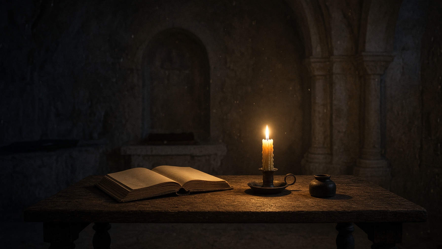 An open book and a candle on a wooden table in a dark chapel.