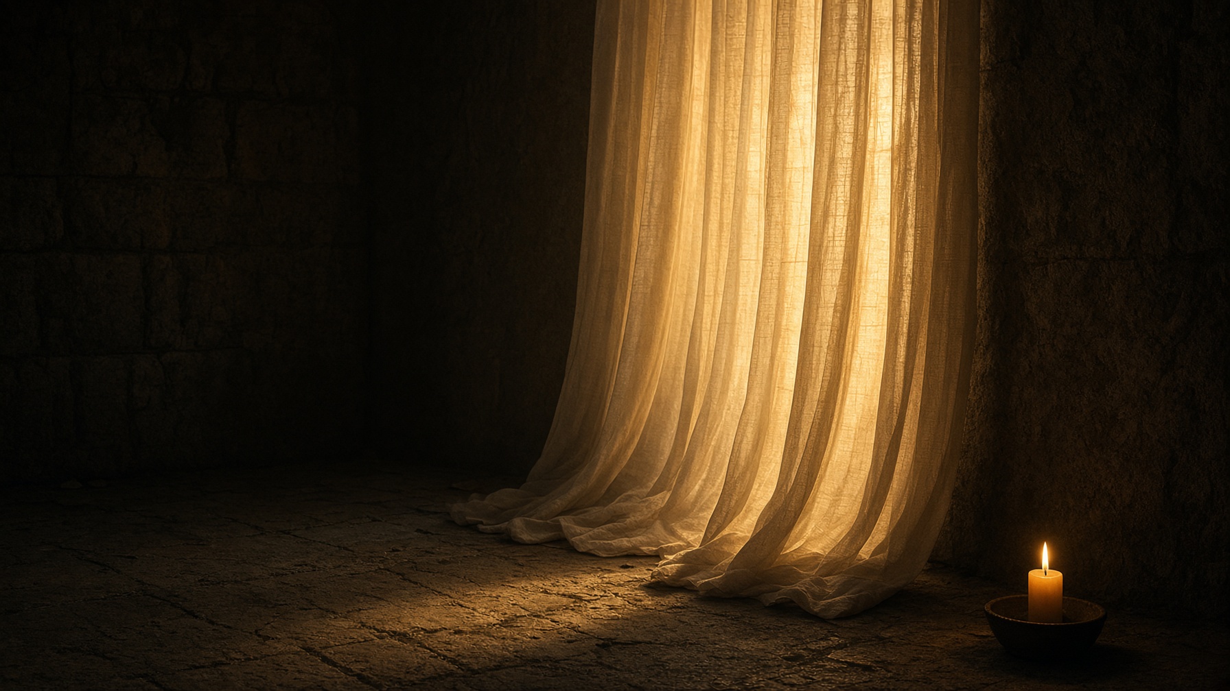 A thin backlit curtain in a dark stone room, bright light beyond.